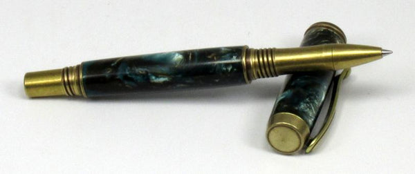 Blue, Silver & Brass on Rollerball Pen - Timber Creek Turnings